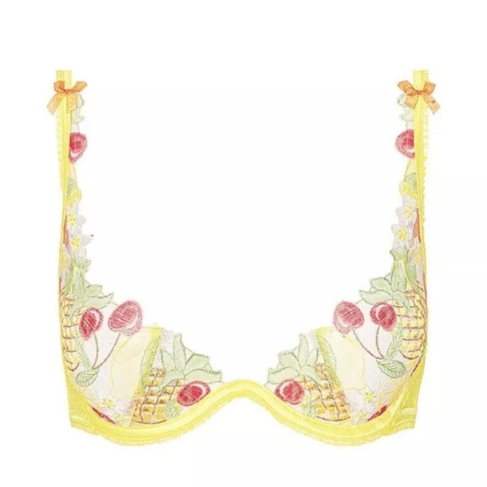 For Love & Lemons Mirabelle Underwire Bra Yellow Embroidered Sheer 38C NWT - Picture 3 of 7